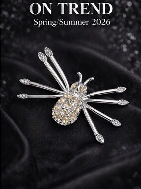 Silver Tone Spider Brooch Rhinestone Statement Pin Gothic Halloween Jewelry